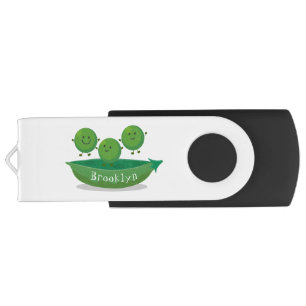 Cute jumping peas in pod cartoon illustration flash drive