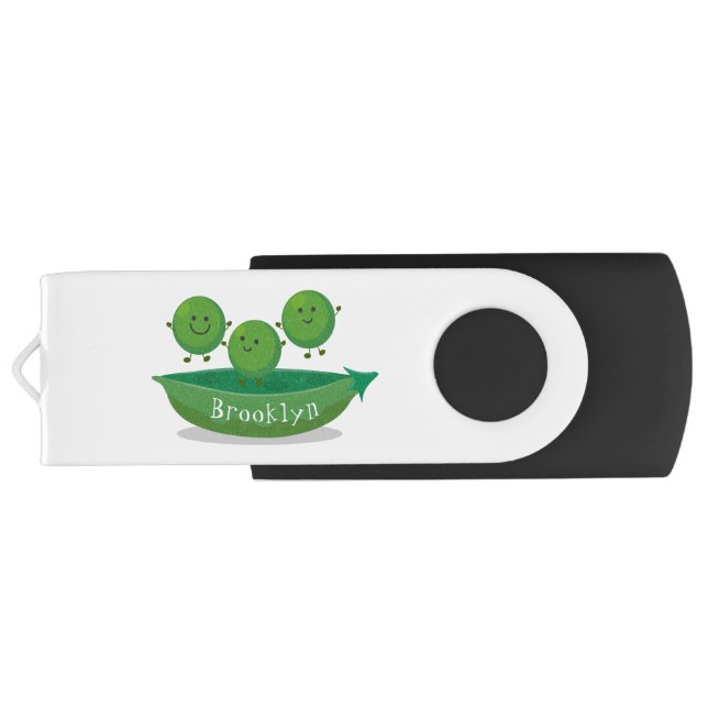 Cute jumping peas in pod cartoon illustration flash drive (Back)