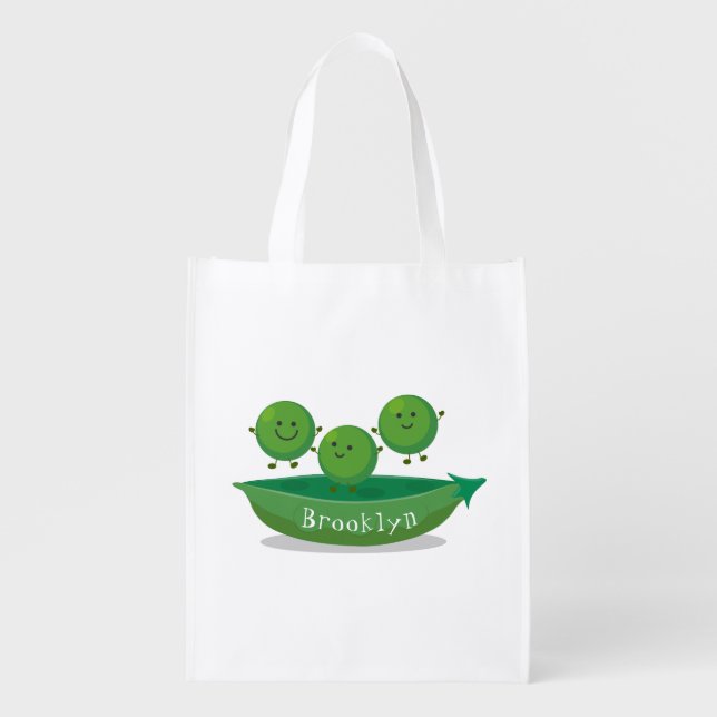 Cute jumping peas in pod cartoon illustration grocery bag (Front)
