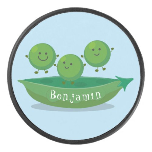 Cute jumping peas in pod cartoon illustration hockey puck