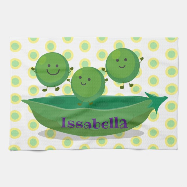 Cute jumping peas in pod cartoon illustration kitchen towel (Horizontal)