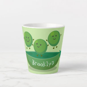 Cute jumping peas in pod cartoon illustration latte mug