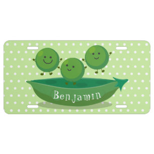 Cute jumping peas in pod cartoon illustration  license plate