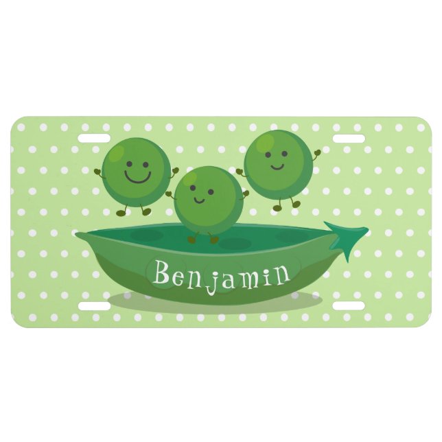 Cute jumping peas in pod cartoon illustration  license plate (Front)