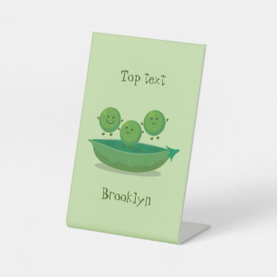Cute jumping peas in pod cartoon illustration pedestal sign