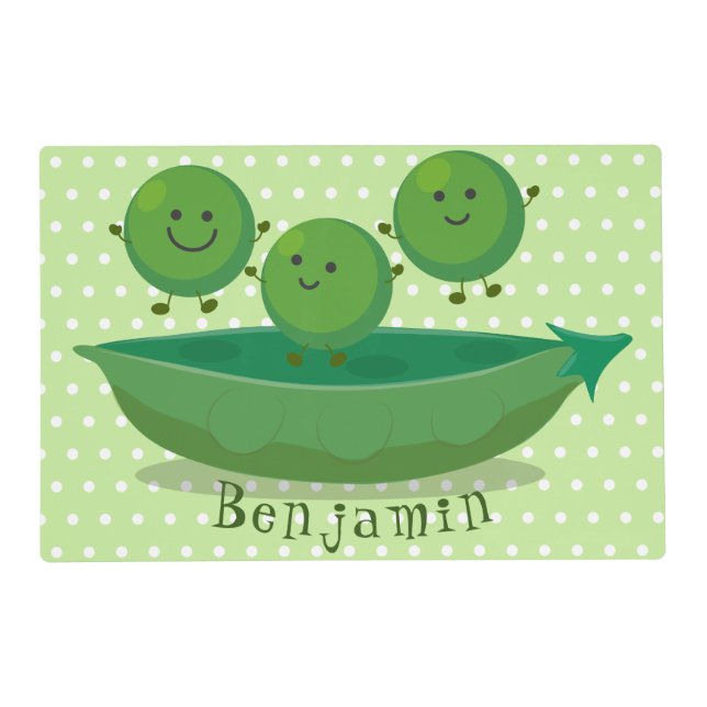 Cute jumping peas in pod cartoon illustration placemat (Front)