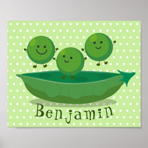 Cute jumping peas in pod cartoon illustration poster
