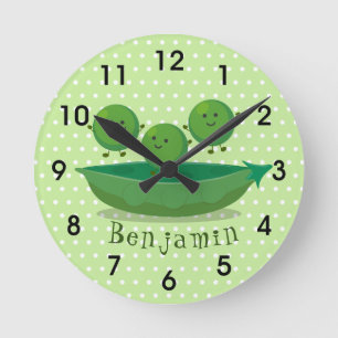 Cute jumping peas in pod cartoon illustration round clock