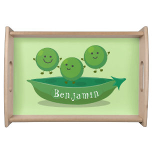 Cute jumping peas in pod cartoon illustration serving tray