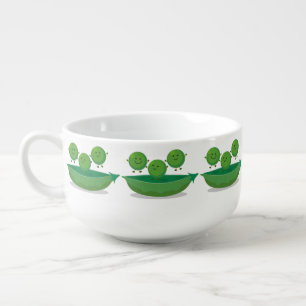 Cute jumping peas in pod cartoon illustration soup mug