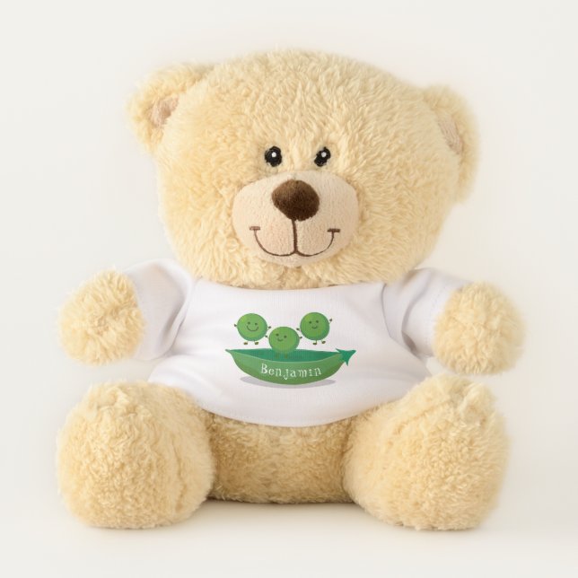 Cute jumping peas in pod cartoon illustration teddy bear (Front)