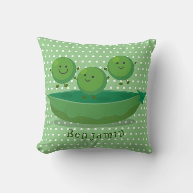 Cute jumping peas in pod cartoon illustration throw pillow (Front)