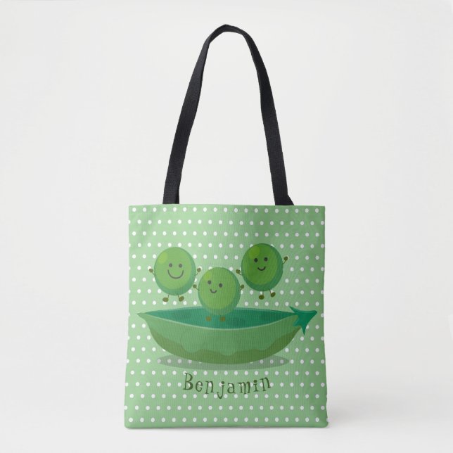 Cute jumping peas in pod cartoon illustration tote bag (Front)