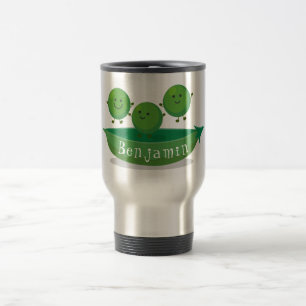 Cute jumping peas in pod cartoon illustration travel mug