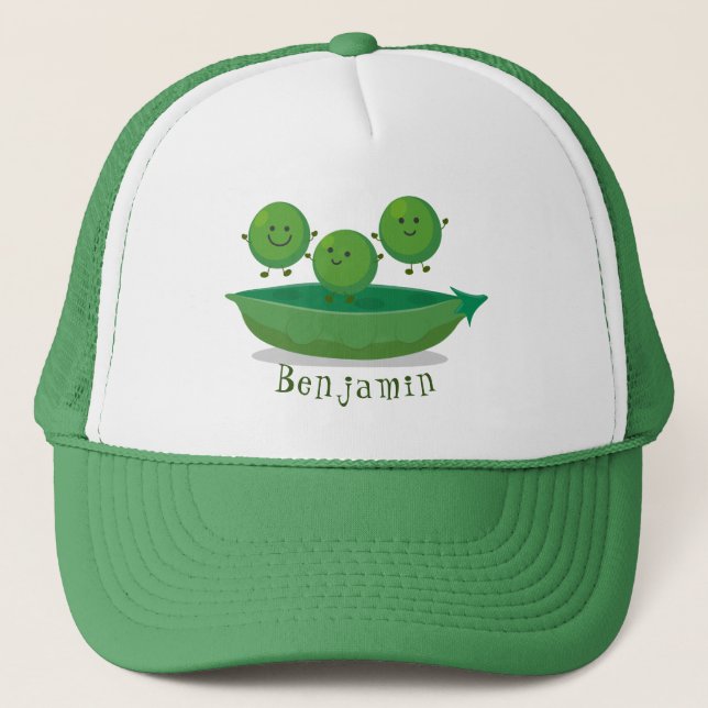 Cute jumping peas in pod cartoon illustration trucker hat (Front)