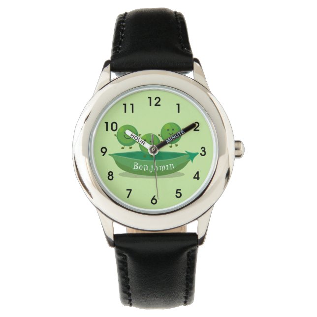 Cute jumping peas in pod cartoon illustration watch (Front)