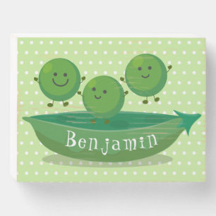 Cute jumping peas in pod cartoon illustration wooden box sign