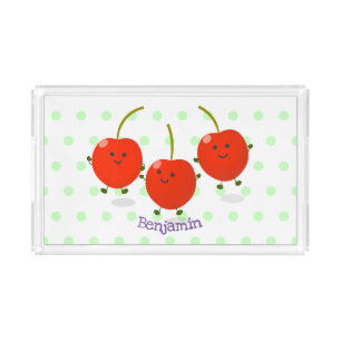 Cute jumping red cherries cartoon illustration acrylic tray