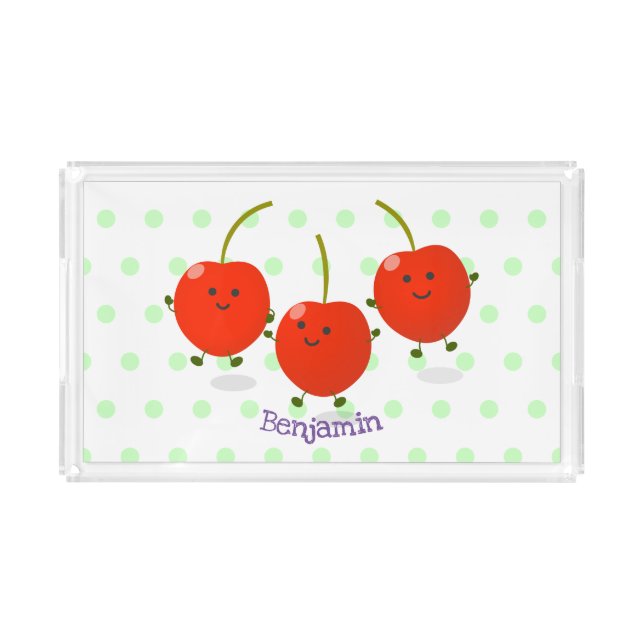 Cute jumping red cherries cartoon illustration acrylic tray (Front)