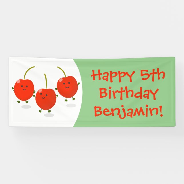 Cute jumping red cherries cartoon illustration banner (Horizontal)