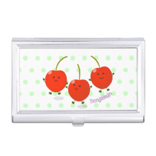 Cute jumping red cherries cartoon illustration business card case