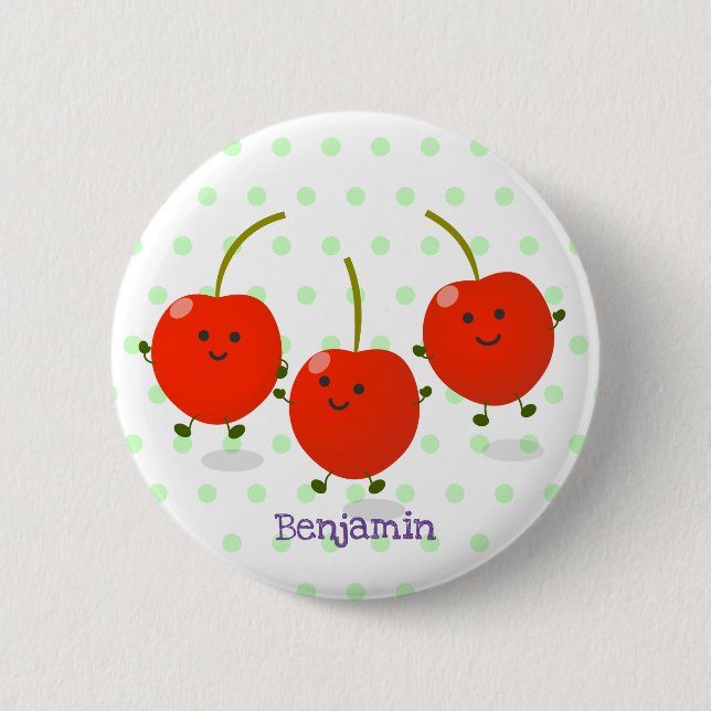 Cute jumping red cherries cartoon illustration button (Front)