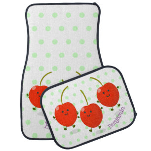 Cute jumping red cherries cartoon illustration car floor mat