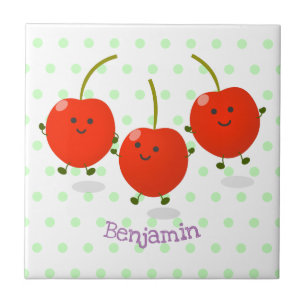 Cute jumping red cherries cartoon illustration ceramic tile