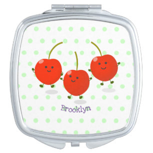 Cute jumping red cherries cartoon illustration compact mirror