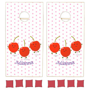 Cute jumping red cherries cartoon illustration cornhole set