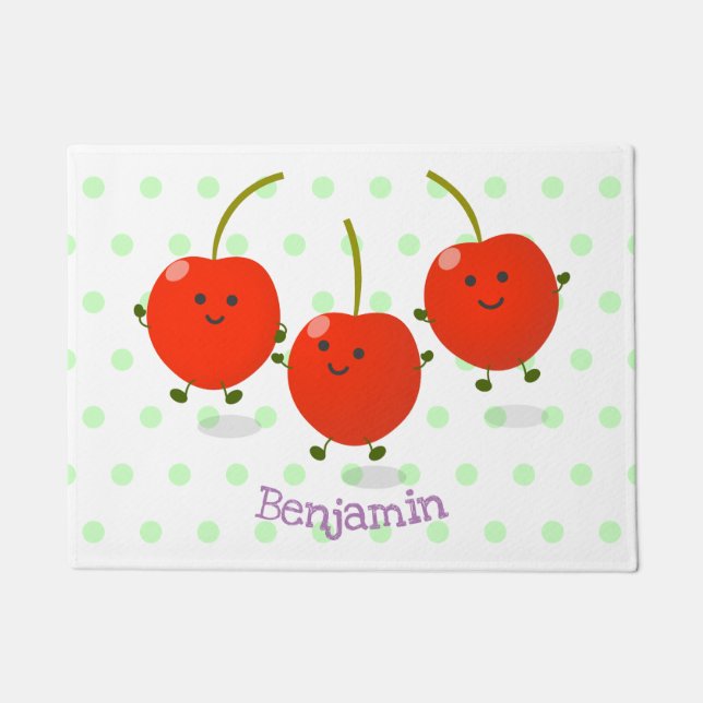 Cute jumping red cherries cartoon illustration doormat (Front)