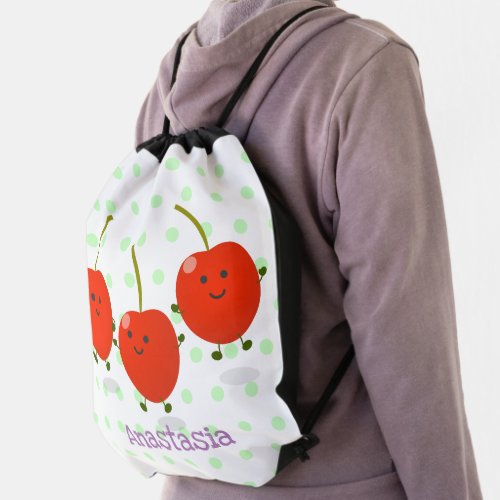 Cute jumping red cherries cartoon illustration drawstring bag