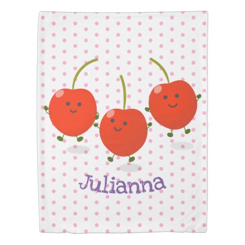 Cute jumping red cherries cartoon illustration duvet cover