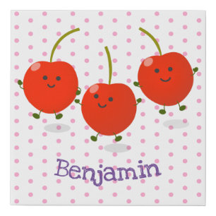 Cute jumping red cherries cartoon illustration faux canvas print