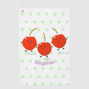 Cute jumping red cherries cartoon illustration golf towel