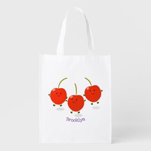 Cute jumping red cherries cartoon illustration grocery bag