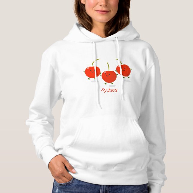 Cute jumping red cherries cartoon illustration hoodie (Front)