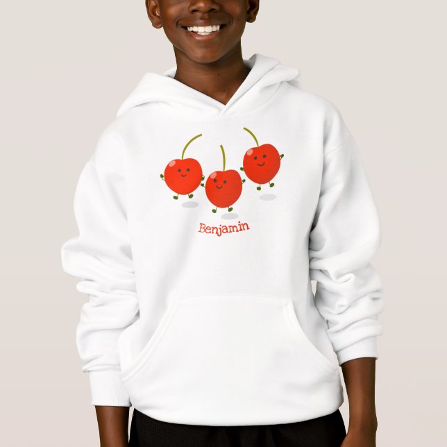 Cute jumping red cherries cartoon illustration hoodie (Front)