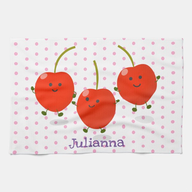 Cute jumping red cherries cartoon illustration kitchen towel (Horizontal)