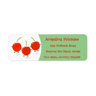 Cute jumping red cherries cartoon illustration label