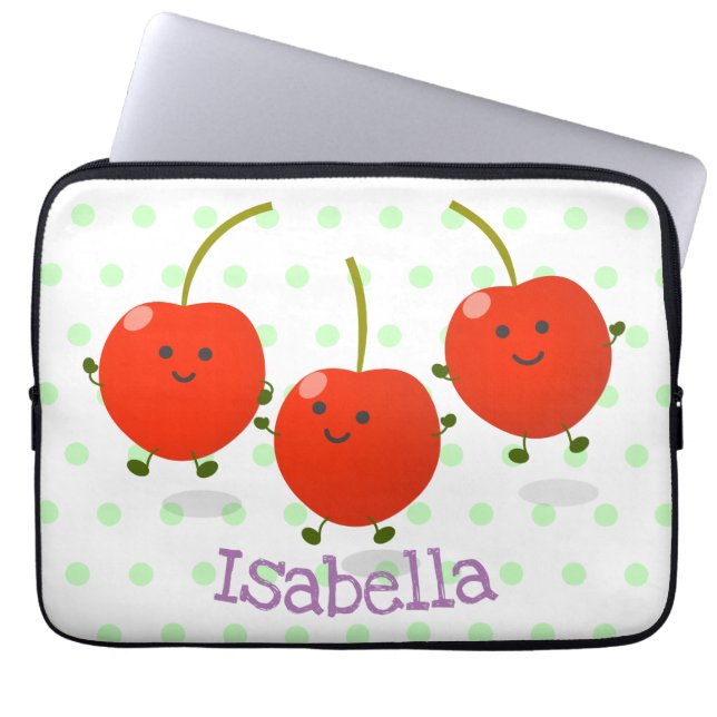 Cute jumping red cherries cartoon illustration laptop sleeve (Front)