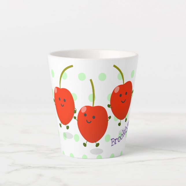 Cute jumping red cherries cartoon illustration latte mug (Front)