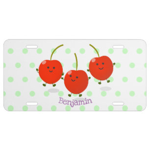 Cute jumping red cherries cartoon illustration license plate