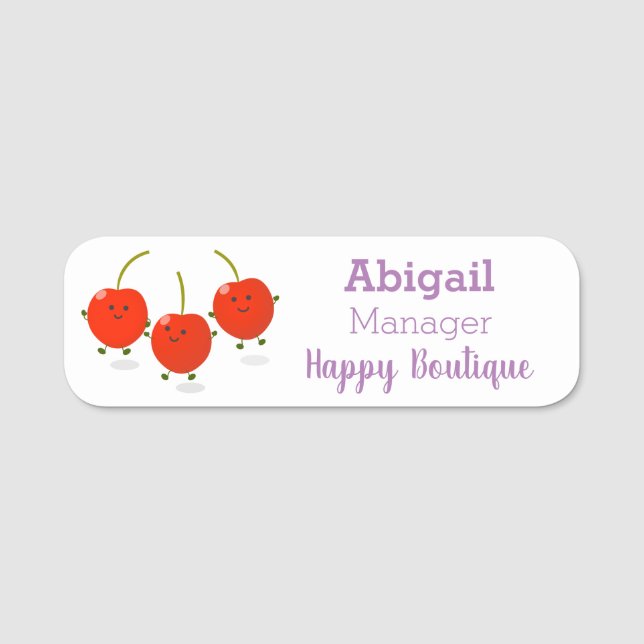 Cute jumping red cherries cartoon illustration  name tag (Front)