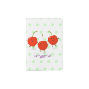 Cute jumping red cherries cartoon illustration passport holder