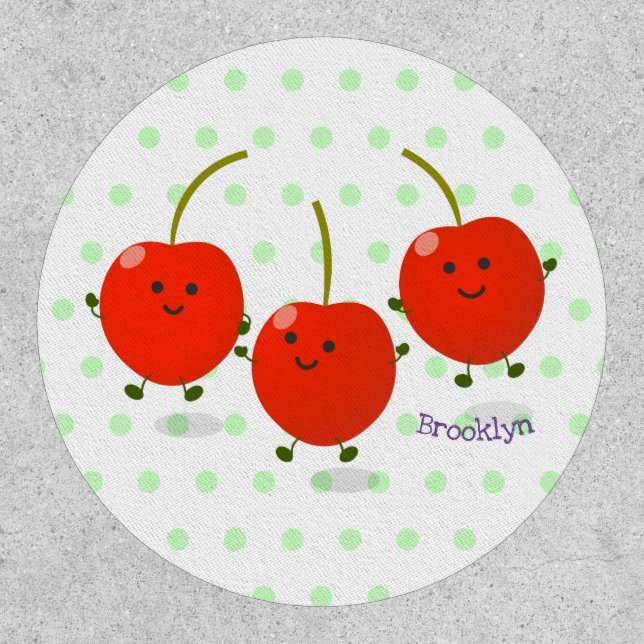 Cute jumping red cherries cartoon illustration patch (Front)