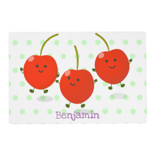 Cute jumping red cherries cartoon illustration placemat