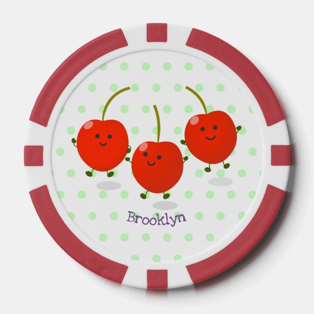 Cute jumping red cherries cartoon illustration poker chips (Front)