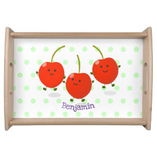Cute jumping red cherries cartoon illustration serving tray