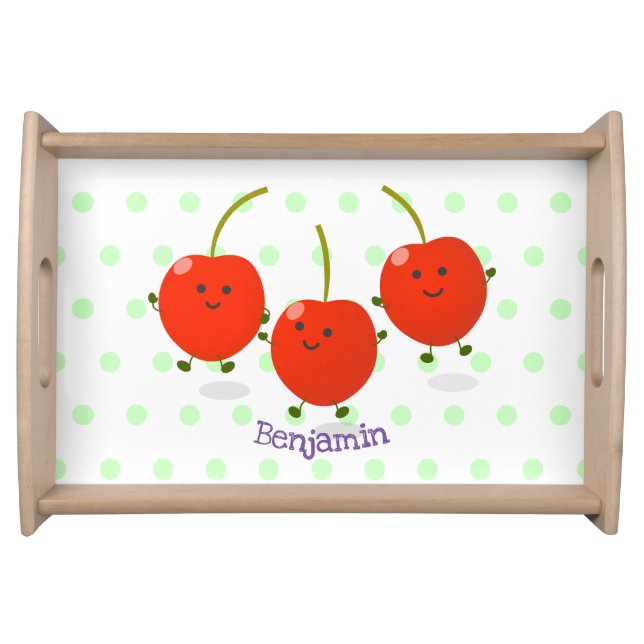 Cute jumping red cherries cartoon illustration serving tray (Front)
